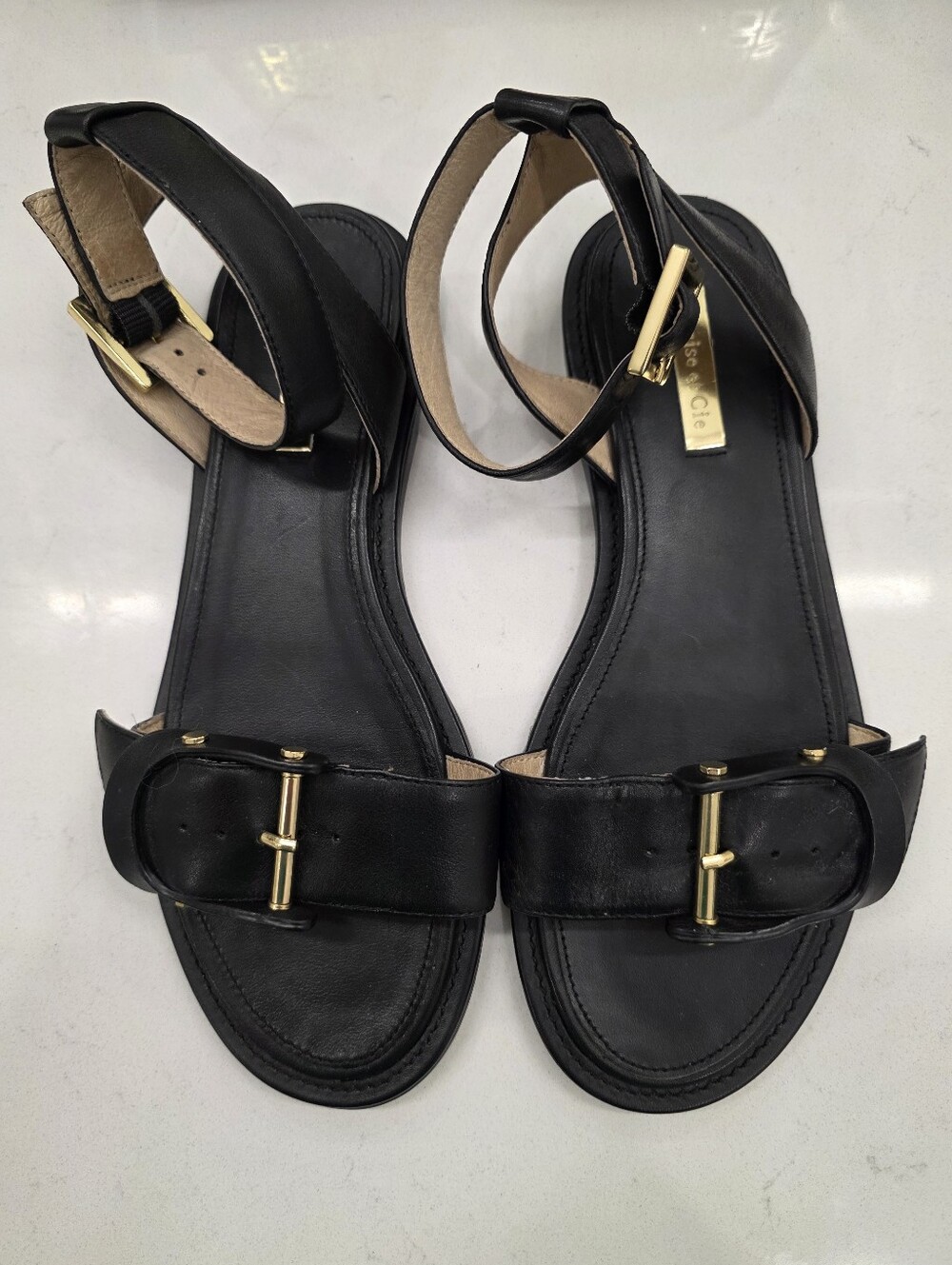 Louise Et Cie Benue Black Leather Ankle-Strap Sandals with Gold Hardware 7.5